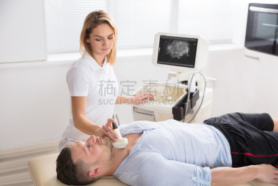 超声波,甲状腺,喉咙,水平画幅,阳极,肿瘤学,仅男人,仅成年人,喉部检查