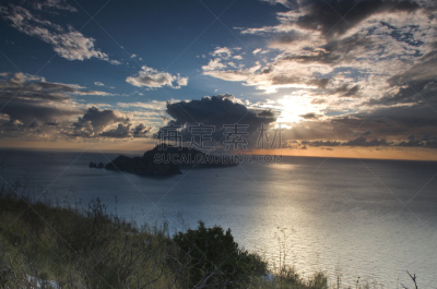 水,天空,水平画幅,阿玛菲海岸,夜晚,无人,那不勒斯海湾,户外,草,柱状岩石