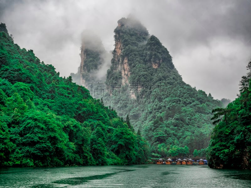 云,湖,雨,雾,船,中国,亚洲,湖南省,张家界国家森林公园,旅行