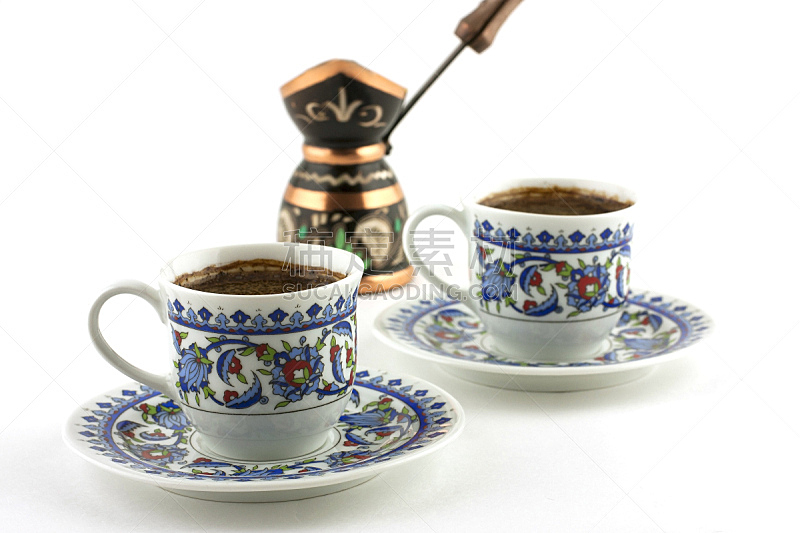 土耳其清咖啡,餐具,褐色,水平画幅,无人,蓝色,热饮,白色背景,饮料,咖啡