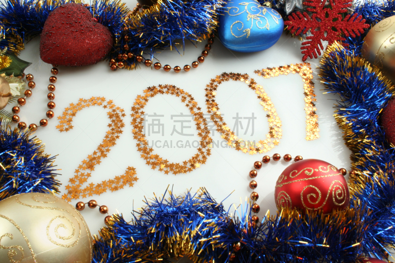 2007,黄金,水平画幅,无人,新年,冬天,星星,心型,闪亮的,新年前夕