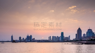 青岛海滩,城市天际线,西,居住区,部分,黄海,青岛,卷层云,山东省,海上建筑