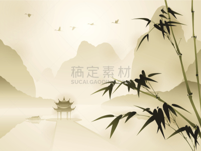 绘画作品,宁静,竹,东方人,高雅,禅宗,枝繁叶茂,绘画插图,鸟类,湖