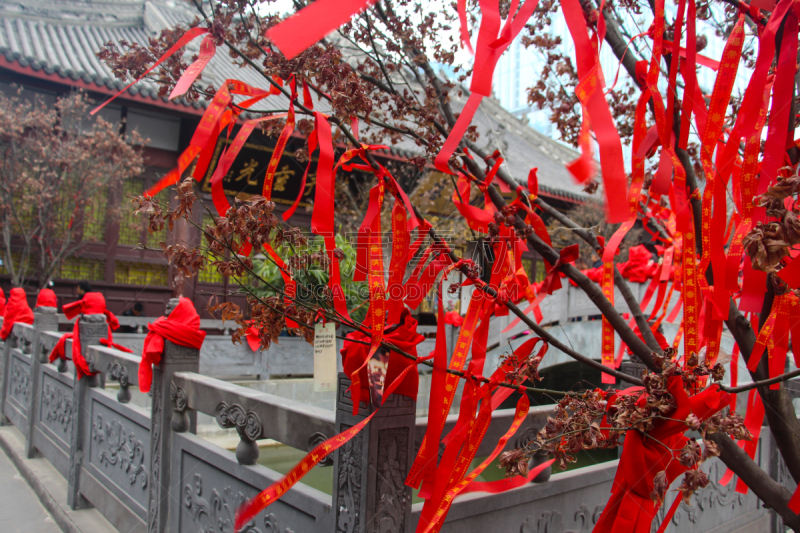 寺庙,中国,春节,成都,悬挂的,条纹,红色,水平画幅,新年前夕,建筑