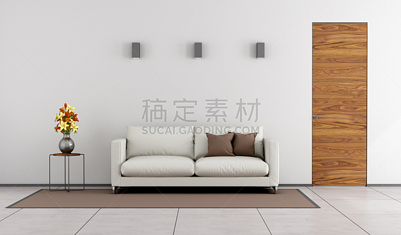 起居室,极简构图,褐色,水平画幅,墙,无人,家具,现代,沙发,白色