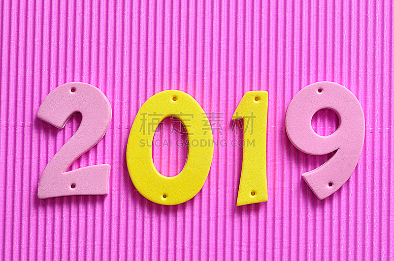 2019,数字,黄色,粉色,粉色背景,新的,幸福,水平画幅,历日