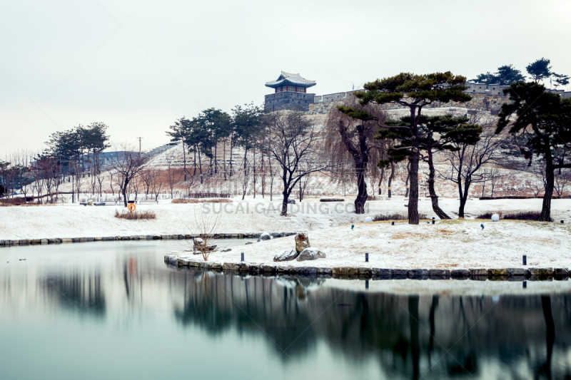 传统,韩国,冬天,水原,朝鲜半岛,华城市,建筑,美,水平画幅,雪