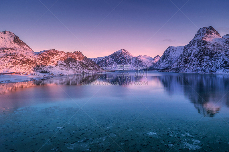 曙暮光,黄昏,自然,紫色,冬天,多色的,山,挪威,雪,岩石