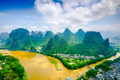 漓江,沟壑,水平画幅,山,无人,户外,阳朔,城镇,著名景点,兴平