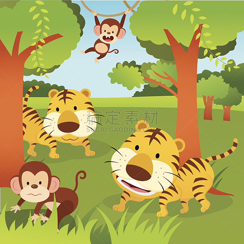 热带雨林,动物,讲故事,动物嘴,枝繁叶茂,山,进行中,绘画插图,猴子,两只动物