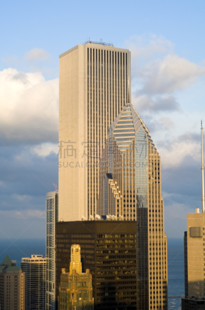 芝加哥市,摩天大楼,aon center,密歇根湖,垂直画幅,水,天空,无人,海港,户外
