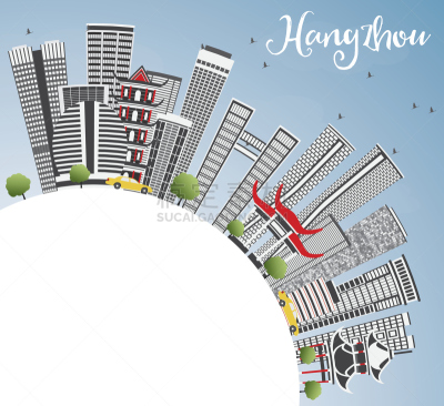 杭州,天空,城市天际线,建筑外部,蓝色,留白,灰色,浙江省,出租车,商务