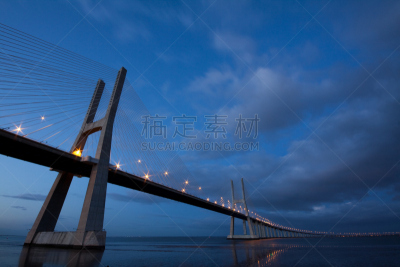 瓦斯科·达·伽马大桥,里斯本,水,天空,水平画幅,夜晚,无人,符号,运河,巨大的