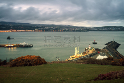 全景,马恩岛,道格拉斯,地形,户外,曙暮光,黄昏,黎明,夜晚,蓝色
