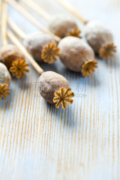 poppy heads on wooden surface