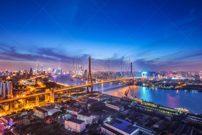杨浦大桥,上海,航拍视角,室内过夜,高视角,夜晚,曙暮光,滨水,都市风景,多车道公路
