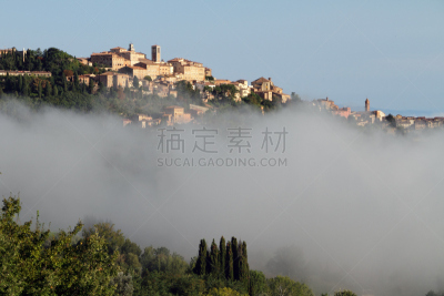 早晨,蒙达普西安诺,雾,美,水平画幅,山,无人,古老的,透视图,户外