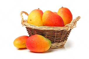芒果,白色背景,芒果 ,篮子,水平画幅,绿色,橙色,水果,无人,熟的