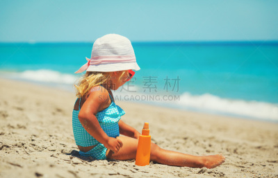 奶油,肩,女孩,润唇膜,紫外线辐射,防晒霜,水平画幅,沙子,夏天,白人