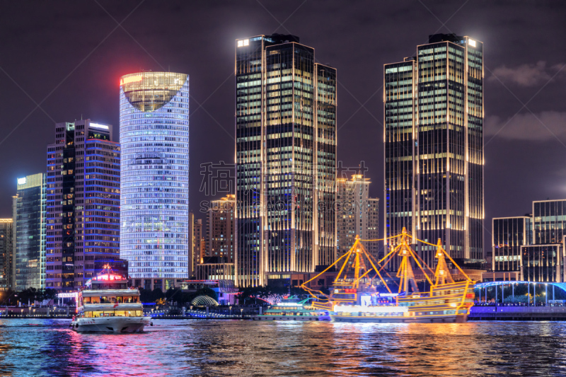 夜晚,滨水,现代,上海,建筑外部,水,水平画幅,无人,黄浦江,户外