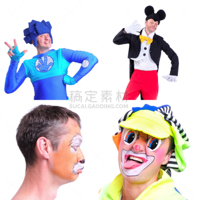小丑,分离着色,特写,色彩鲜艳,戏剧表演,表现积极,人的角色,四个物体,注视镜头,微笑