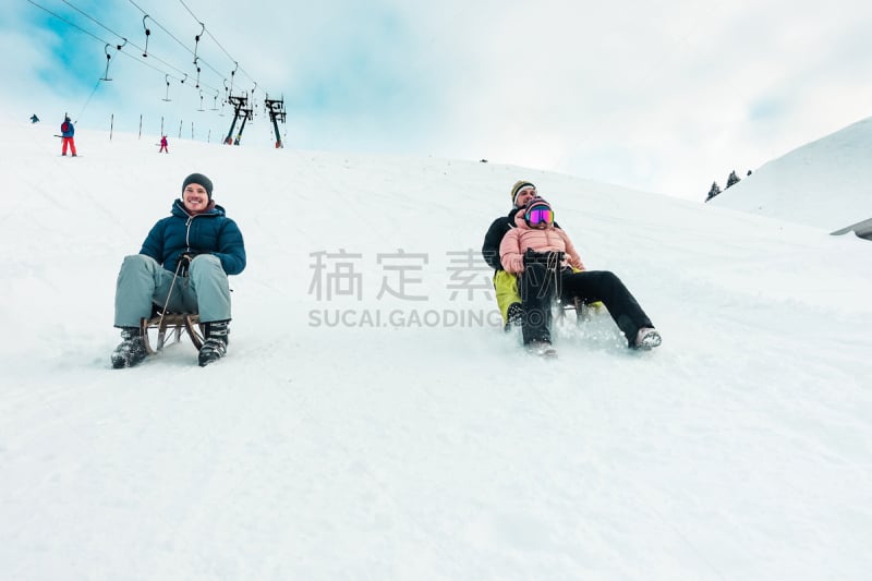 幸福,无舵雪橇,山,星期,雪橇滑学,雪,乐趣,人,男人,青年人