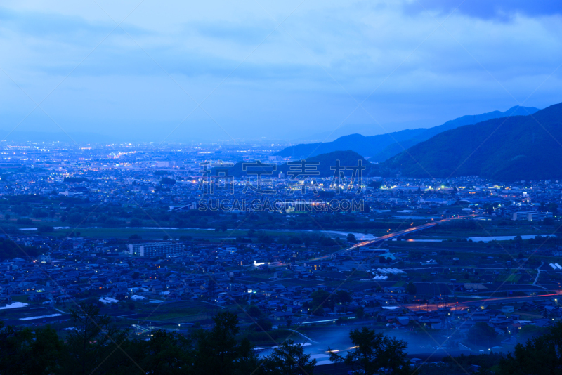 黄昏,长野城,天空,美,城镇景观,信浓川,水平画幅,高视角,长野县,无人