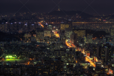 夜晚,视角,江南区,汉江,南山塔,首尔,水平画幅,交通,户外,都市风景