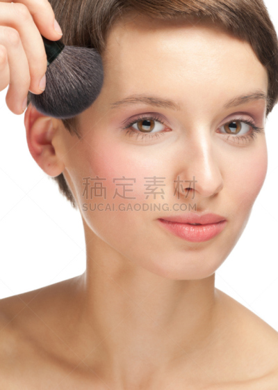 彩妆,青年女人,扑面粉,舞台妆,背景分离,肖像,粉底,腮红,化妆刷,影棚拍摄
