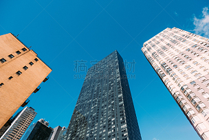 纽约,低视角,云,现代,色彩鲜艳,钢铁,户外,建筑,金融区,广角