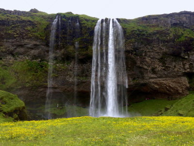 seljalandsfoss waterfall,瀑布,冰岛国,黄色,花坛,外立面,小路,人,在之后,步行