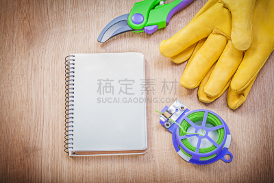 修枝夹,木制,笔记本,格子图案,金属丝,手套,领带,菜园,水平画幅,无人