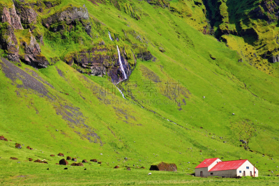 夏天,冰岛国,地形,seljalandsfoss waterfall,水平画幅,无人,户外,草,田地,山