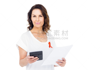 计算器,女人,拿着,红色,艾滋病警示丝带,衣服,世界艾滋病日,钉住,结论,艾滋病