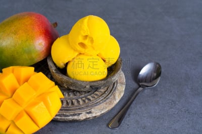 果汁冰糕,芒果 ,石材,碗,灰色,纹理效果,薄荷,芒果,黑色,舀勺