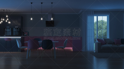 现代,三维图形,房屋,室内,粉色,厨房,电灯,夜晚,照亮