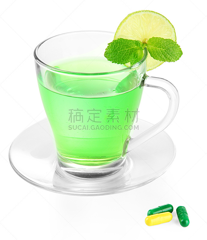 杯,透明,绿茶,白色,药丸,分离着色,垂直画幅,水,无人,玻璃