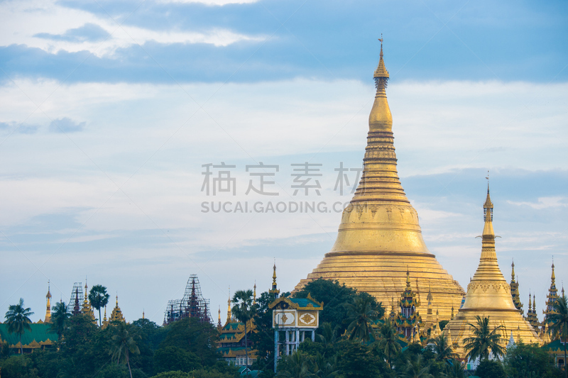 仰光,缅甸,都市风光,瑞光大金塔,灵性,水平画幅,建筑,无人,蓝色,佛塔