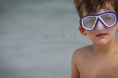 水肺潜水,男孩,半身像,面无表情,赖茨维尔海滩,夏天,海岸地形,男性,海浪