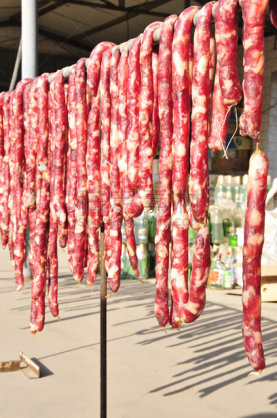 肉,香肠,自制的,街道,垂直画幅,早餐,膳食,线绳,熏猪肉,市场