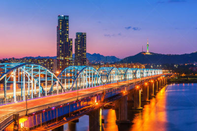 首尔,汉江,桥,韩国,水平画幅,夜晚,无人,交通,户外,都市风景