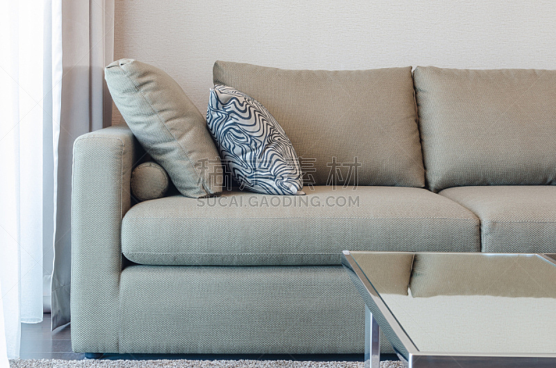 沙发,枕头,黑白图片,绿色,纺织品,水平画幅,家具,现代,米色,窗帘