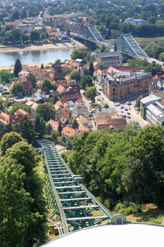 Dresden Suspension Railway tracks, river Elbe and bridge