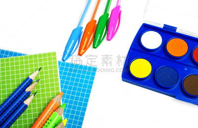 白色背景,办公用品,办公室,留白,水平画幅,无人,知识,大量物体,橡皮擦,蓝色