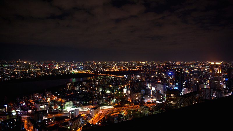 大阪府,夜晚,日本,梅田蓝天大厦,水平画幅,高视角,无人,全景,城市天际线,交通