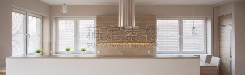 米色,全景,厨房,美,抽油烟机,风管,水平画幅,无人,家具,锅