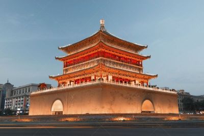 远古的,门楼,西安,陕西省,空的路,天空,灯笼,水平画幅,墙,夜晚