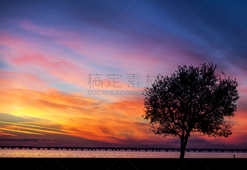 湖,黄昏,水,天空,留白,水平画幅,无人,曼德维尔,户外,云景