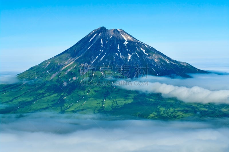 俄罗斯,岛,火山,麻烦,美,水平画幅,雪,火山地形,夏天,海岸地形