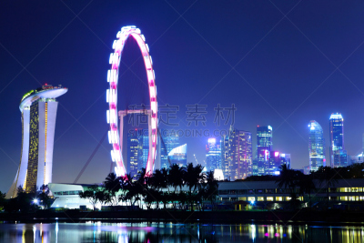 夜晚,城市天际线,新加坡市,纪念碑,水平画幅,新加坡,建筑,无人,户外,城市